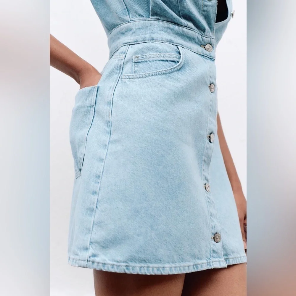 NWT ZARA SLEEVELESS  DENIM MINI DRESS - Mid-blue SZ L - Picture 5 of 5